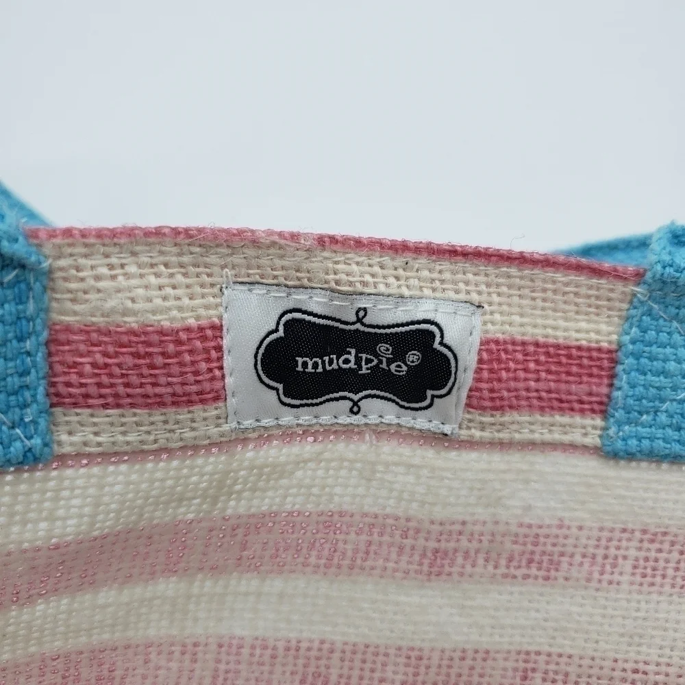 MUD Pie unisex mermaid tote bag pink stripe sequin woven fiber aqua handles